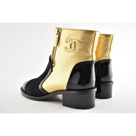 Chanel 18B Gold Black Patent Suede CC Logo Zipper Zip Short Ankle Bootie Boot 35 - Picture 8 of 10